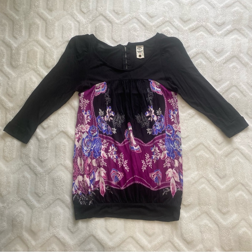 Free People Womens Size Small Black and Purple Floral Top/Blouse